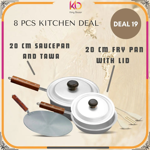 [Eid Special] 20cm Complete Kitchen Set - Sauce Pan, Tawa, Fry Pan & Spoon Set (Metal Finish) - 50% OFF!