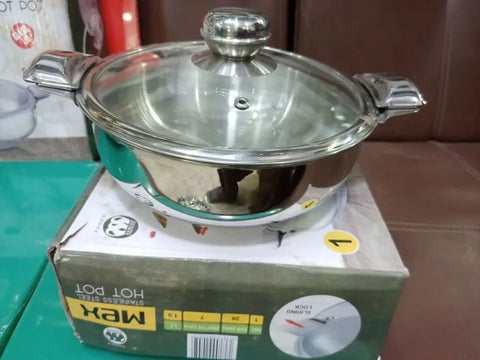 Alpha Elite Stainless Steel Hot Pot Set – 3-Piece with MEX Lockable Glass Lids (20cm/24cm/28cm)