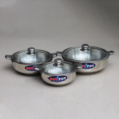 Alpha Elite Stainless Steel Hot Pot Set – 3-Piece with MEX Lockable Glass Lids (20cm/24cm/28cm)