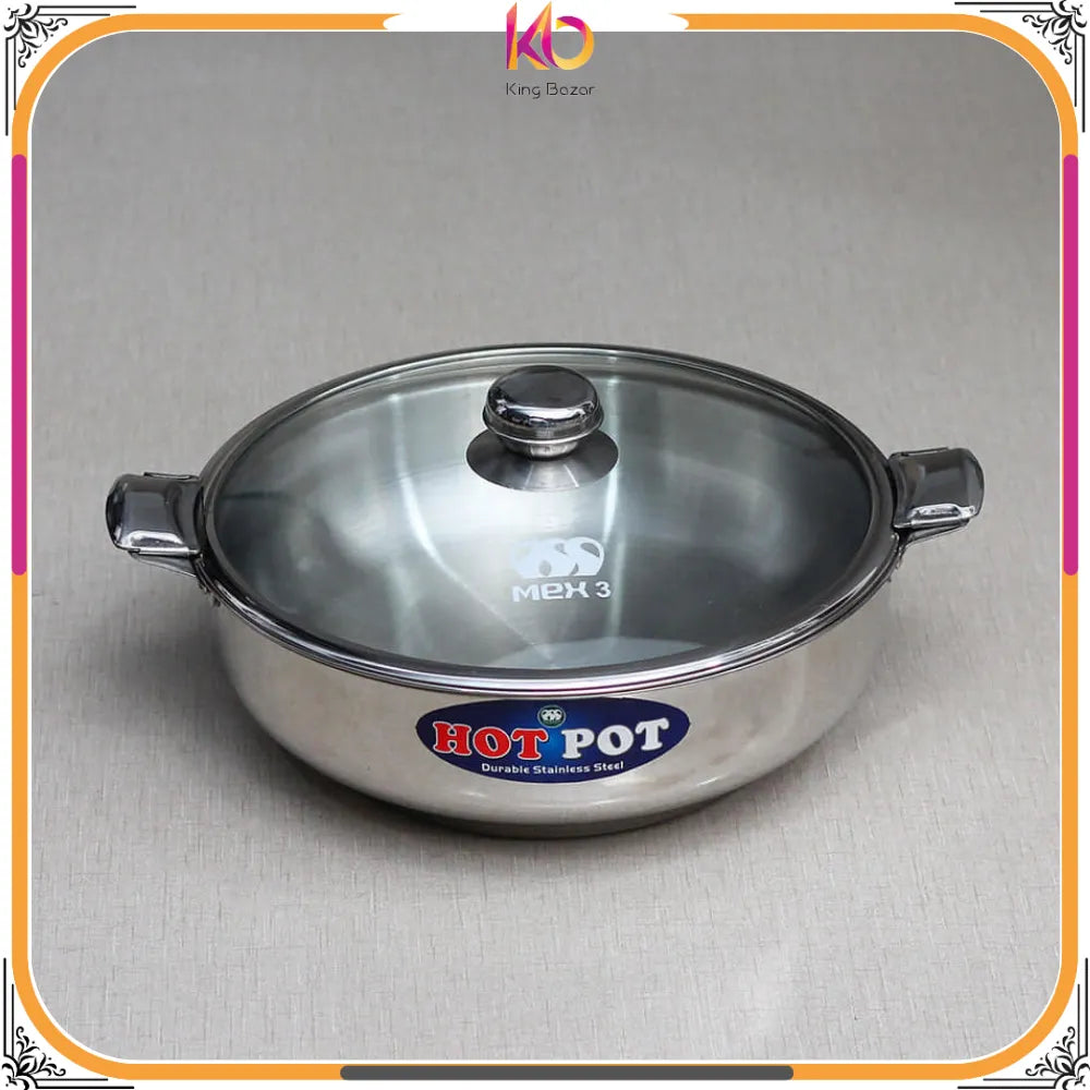 Alpha Elite Stainless Steel Hot Pot Set – 3-Piece with MEX Lockable Glass Lids (20cm/24cm/28cm)