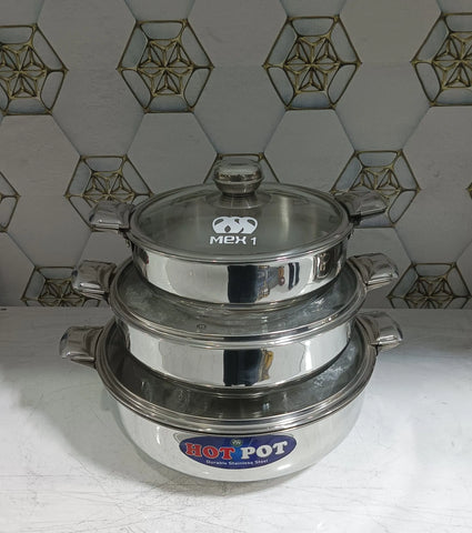Alpha Elite Stainless Steel Hot Pot Set – 3-Piece with MEX Lockable Glass Lids (20cm/24cm/28cm)