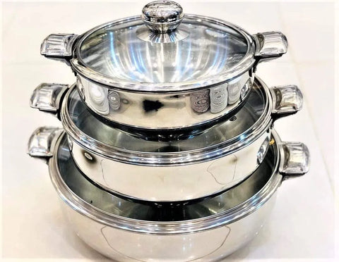 Alpha Elite Stainless Steel Hot Pot Set – 3-Piece with MEX Lockable Glass Lids (20cm/24cm/28cm)