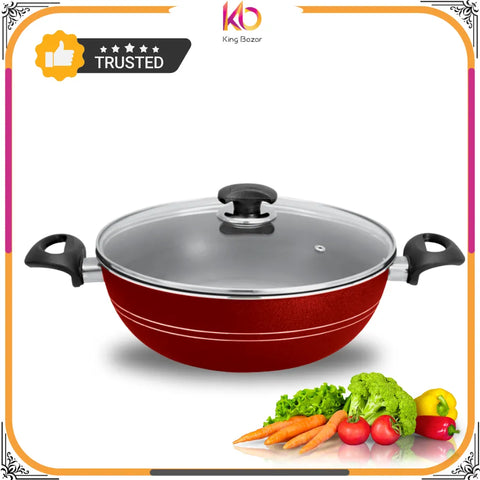 Non-Stick Karahi Wok with Lid – Red Cooking Pot for Effortless Cooking