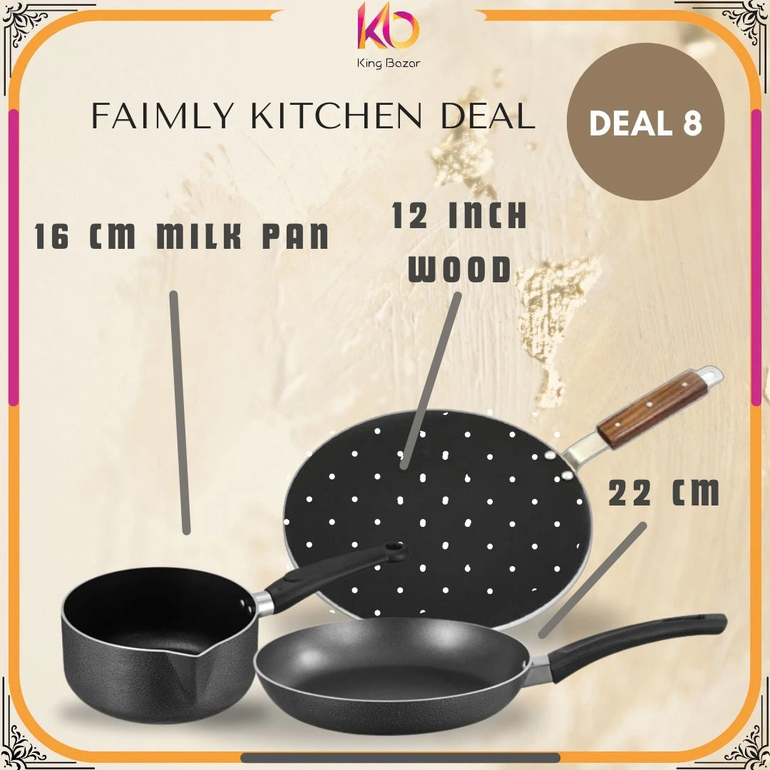 "3-in-1 Premium Cookware Set – 16cm Milk Pan, 12-inch Wood Handle Tawa & 22cm Fry Pan – Best Kitchen Combo Deal!"