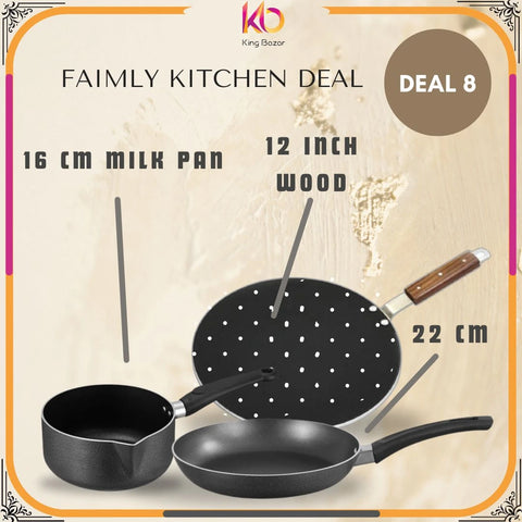 "3-in-1 Premium Cookware Set – 16cm Milk Pan, 12-inch Wood Handle Tawa & 22cm Fry Pan – Best Kitchen Combo Deal!"