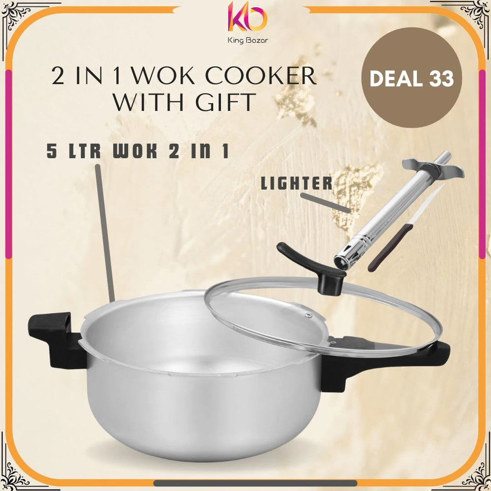 2 in 1 AR Wok Pressure Cooker – 5 Liter with Glass Lid | FREE Electric Lighter – Eid ul Azha Special Offer