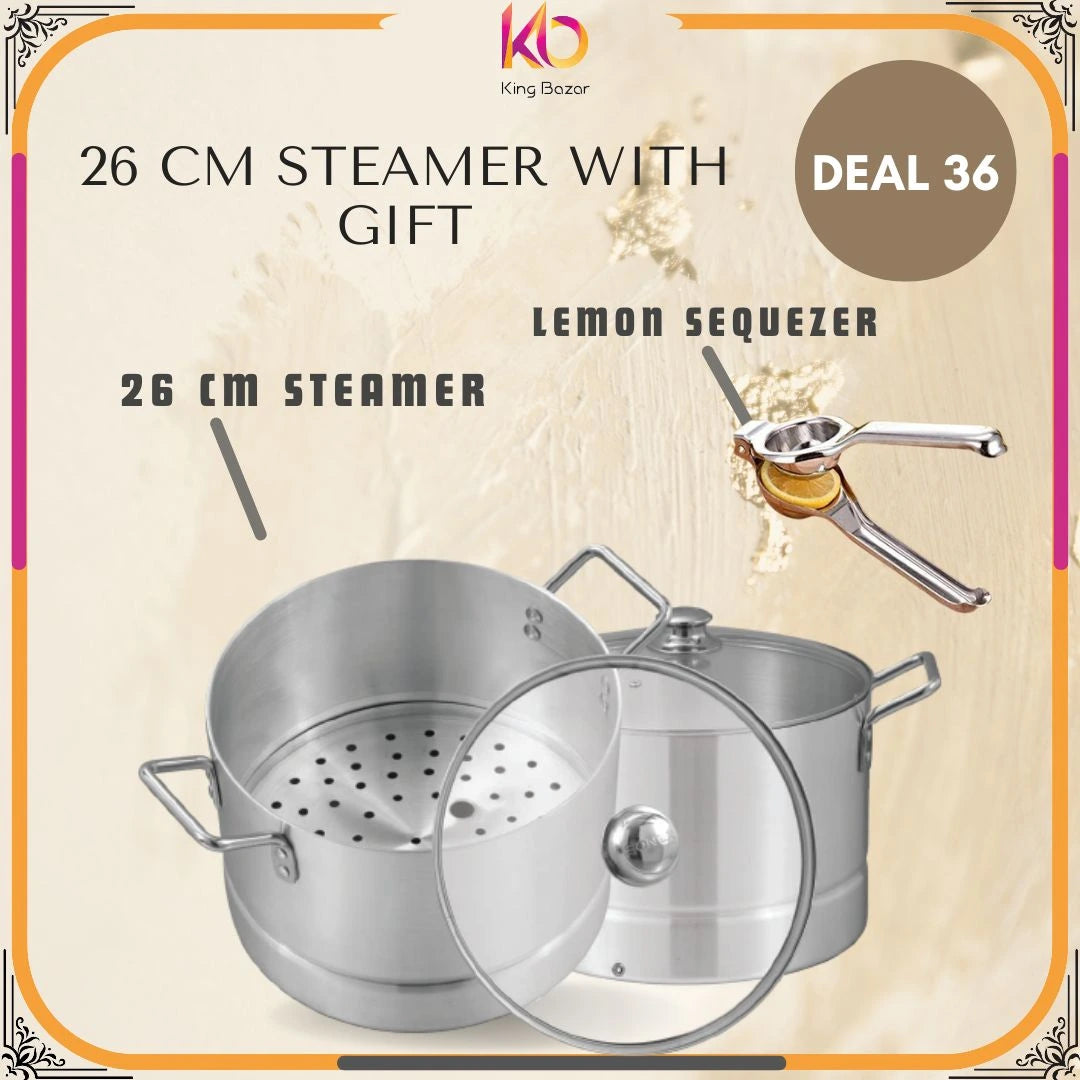 Sonex Royal Steamer 26cm – Aluminum Steamer Pot with Glass Lid | FREE Lemon Squeezer – Eid ul Azha Special Offer
