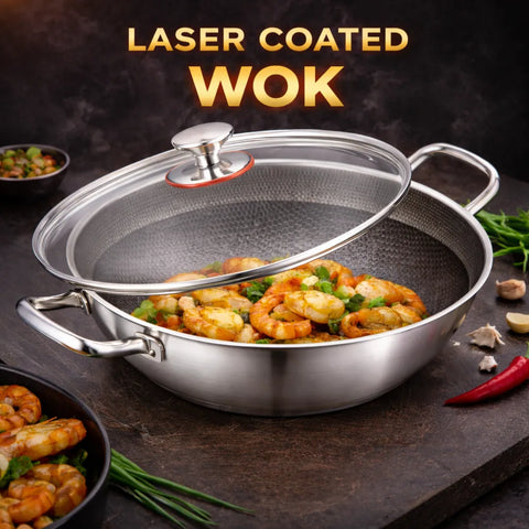 German Imported Double Sided Honeycomb Karahi with Lid – Laser Coated Non-Stick Stainless Steel