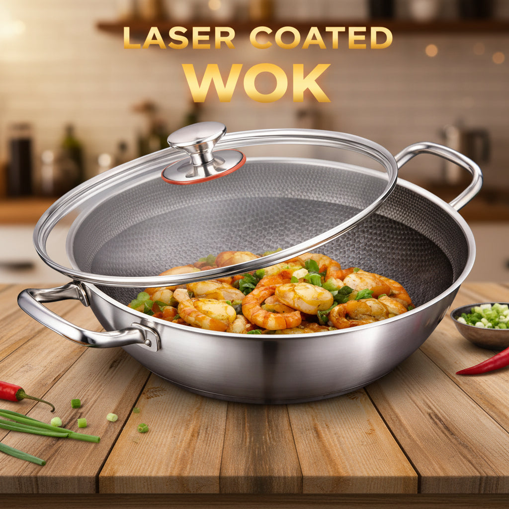 German Imported Single Sided Honeycomb Karahi with Lid – Laser Coated Non-Stick Stainless Steel